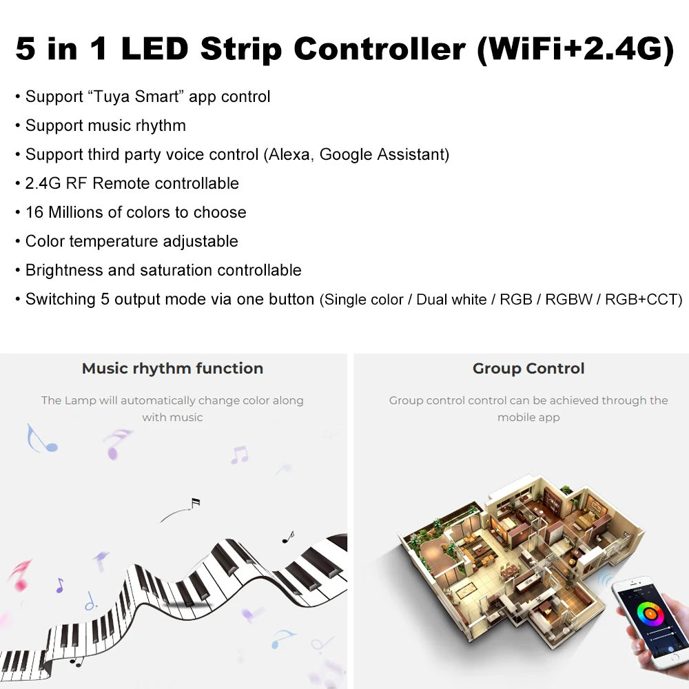 Miboxer WL5 2.4G 5IN1 WiFi LED Controller APP/TUYA /Third Party Voice Control For Single/Dual color RGB RGBW RGB+CCT Led Strip