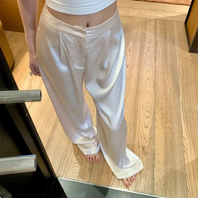 

Elegant Satin Wide Leg Pants Women 3Xl Fashion High Waist Black White Pants Summer Ladies Korean Baggy Straight Trousers