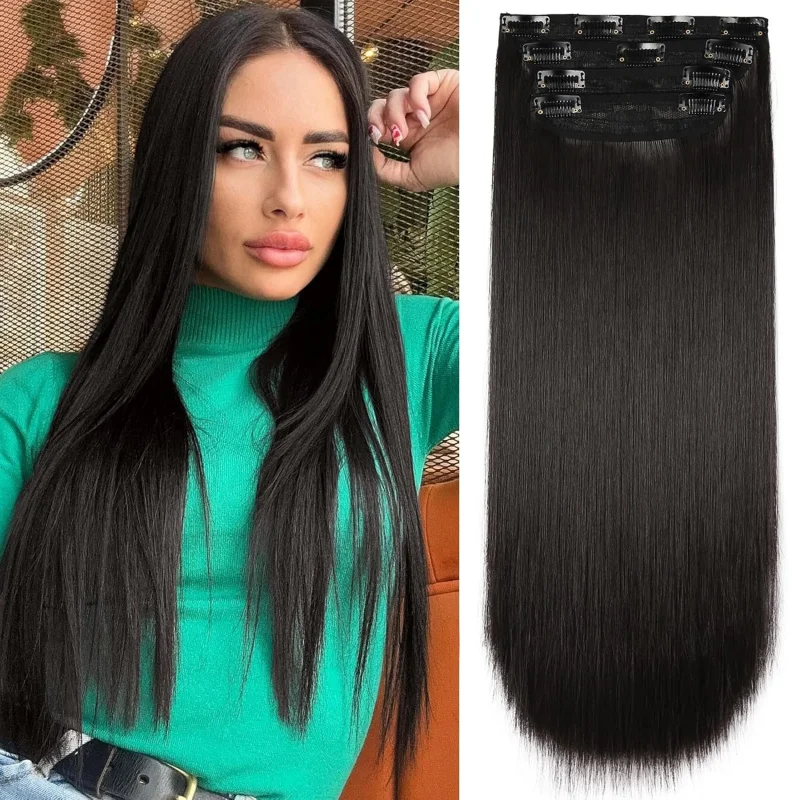 Synthetic 20 Inch Straight Clip In Hair Extensions 4Pcs, Soft Thick Black Hair Pieces Available In 3 Colors For Women Daily Use