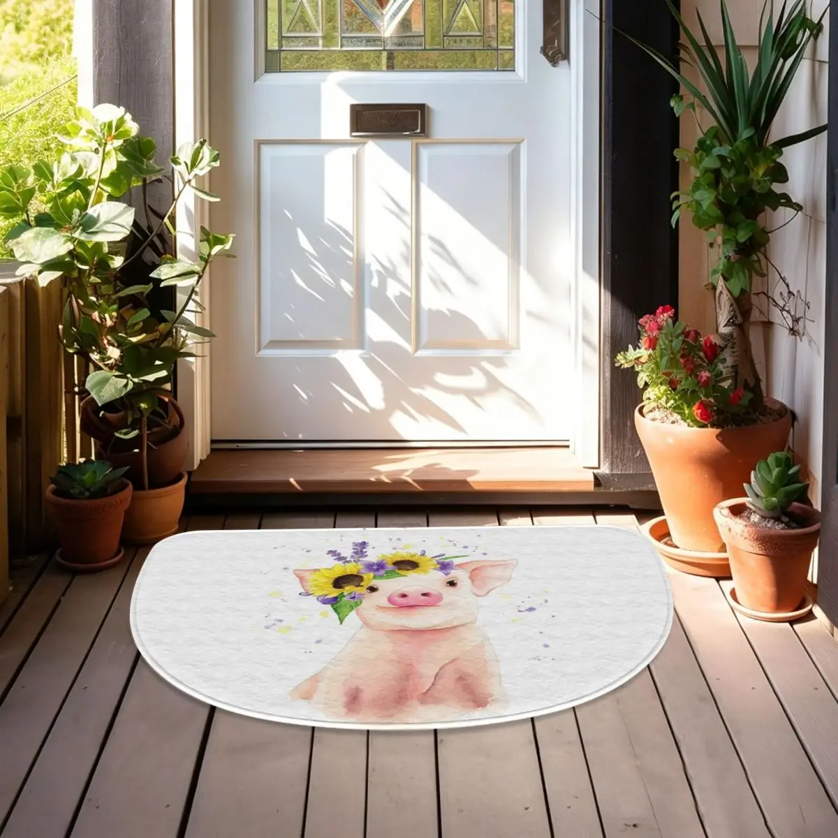 Funny Pig Surround By Sunflower Soft Flannel Half Round Doormat Non Slip Bathroom Mat Absorbent Floor Carpet for Home Bedroom