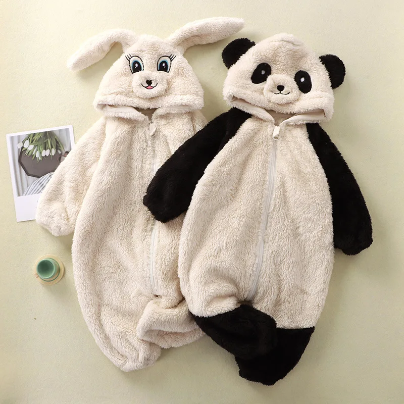 Winter Newborn Clothes Baby Girl Boy Romper Cute Cartoon Rabbit Panda Hooded Hood Ropa De Bebe Flannel Keep Warm Romper