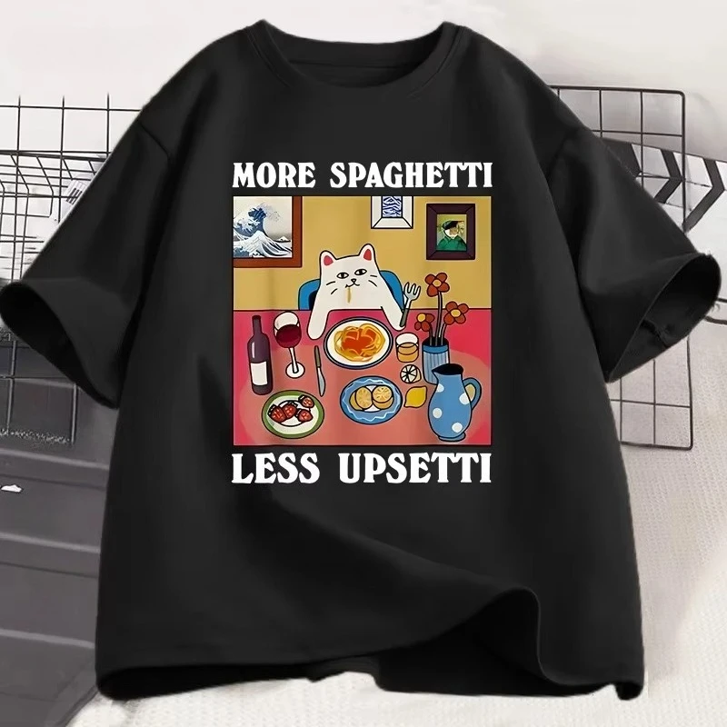 المزيد من السباغيتي أقل Upsetti مضحك القط تي شيرت المرأة المطبوعة Harajuku القطن قصير الأكمام القط عاشق الخريف والشتاء الملابس الداخلية