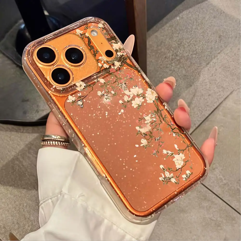 Vintage Magnolia Flower glitter Phone Case For iPhone 17 16 14 12 13 15 11 Pro Max Air 16 15 14 Plus 17E 16E X XR Soft TPU Cover view 5