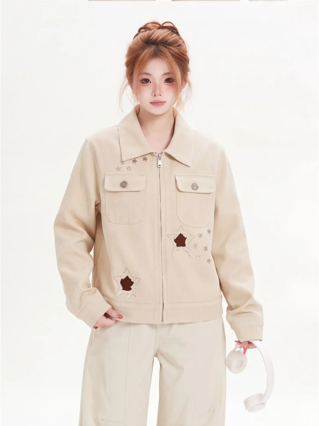 Casual American Style Short Jacket Women's Star Patchwork Outerwear Autumn New Design Small Ant Brand Fashion Ladies Coat