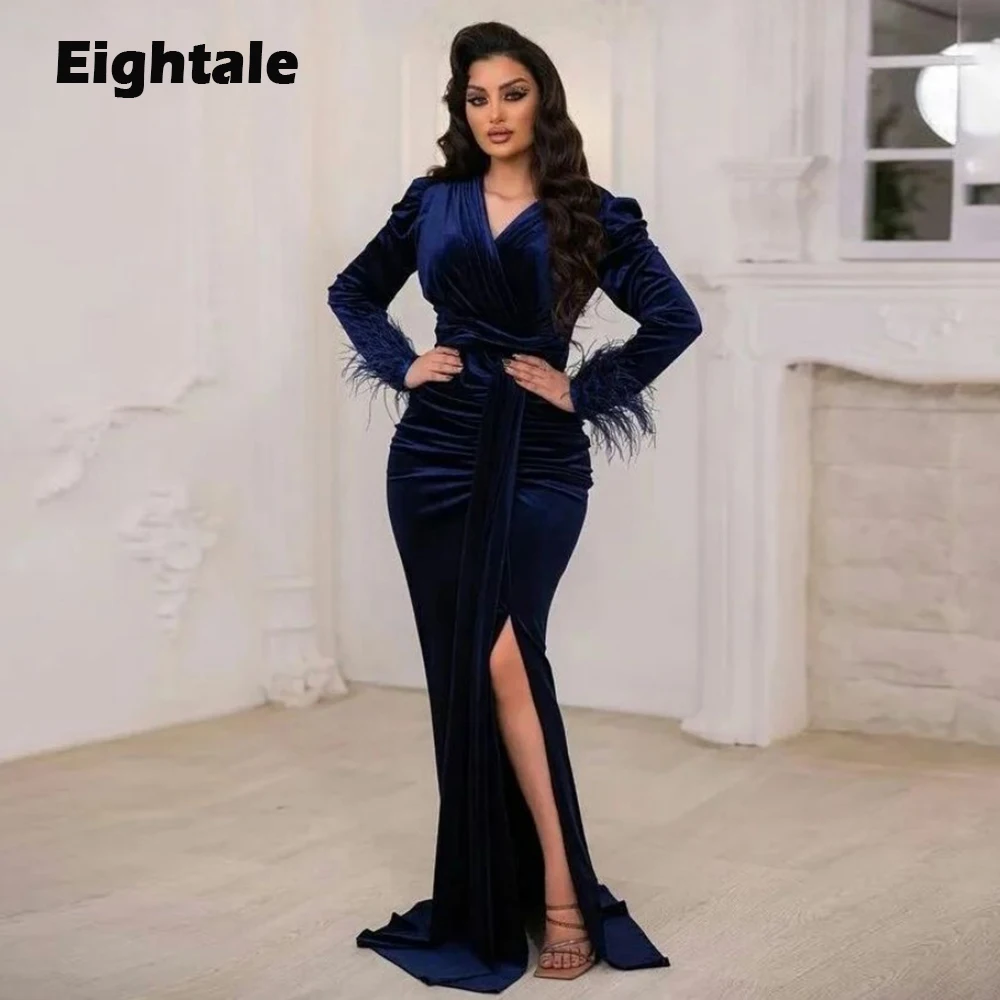 

Eightale Formal Occassion Evening Dresses Arabic V-Neck Side Slit Blue Prom Gown Velvet Mermaid Wedding Party Dress with Feather