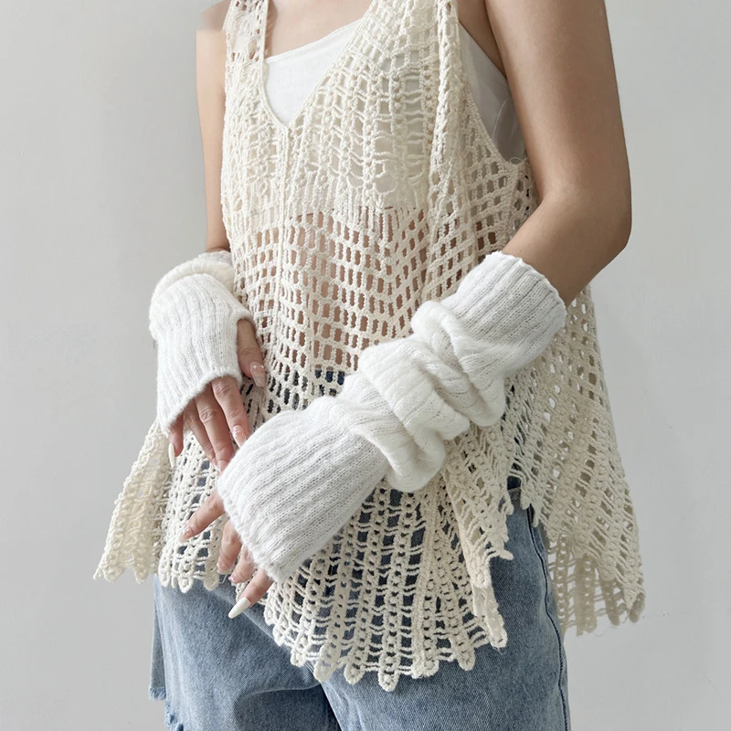 

False Nail Display Long Arm Sleeve Knitted Elastic Fingerless Glove Warmer Pile Mitten Nail Photography Decoration Shooting Prop