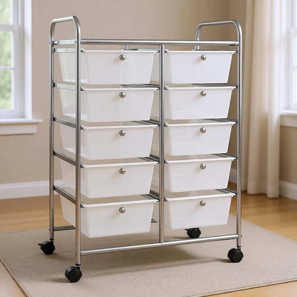 

10-Tier Multicolor Rolling Storage Cart with Lockable Wheels and Adjustable Shelves for Home, Office, and School Use