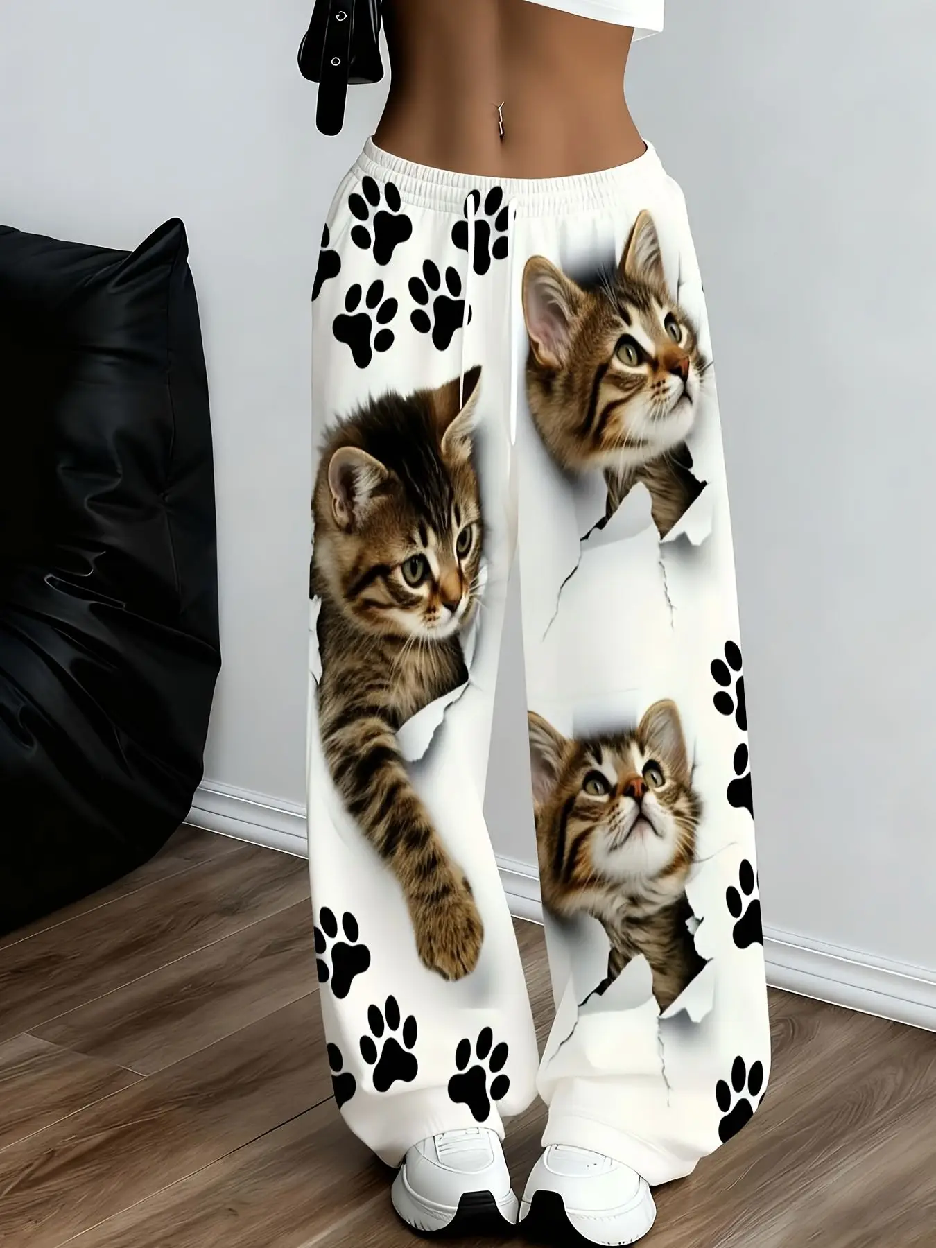 Lovely Animal Paw Mark Trendy Casual Long Pants, Cool Soft Skin Friendly Touch for Adults and Kids Walk Along Riverside Corridor