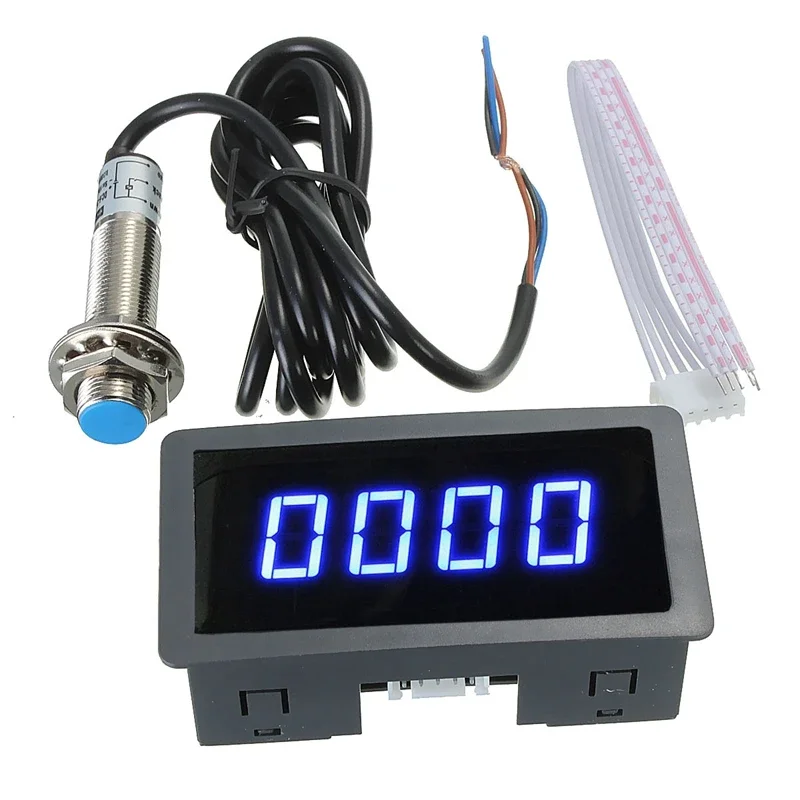 1Pc 4 Digital LED Blue Green Tachometer Gauge RPM Speed Meter+Hall Proximity Switch Sensor NPN 12V Accessories Tachomete Sets