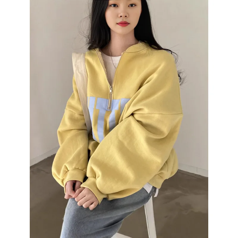 Chic Spring Women's Long Sleeve Hoodie Color Block Letter Print Stand Collar Casual Comfortable Polyester Fiber Commute Style