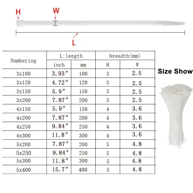 100PCS Self-locking Nylon Cable Ties Set Plastic Tie White Fastening Tension Belt Ring 3X200/5x300/4x250mm Wrap Strap Zip