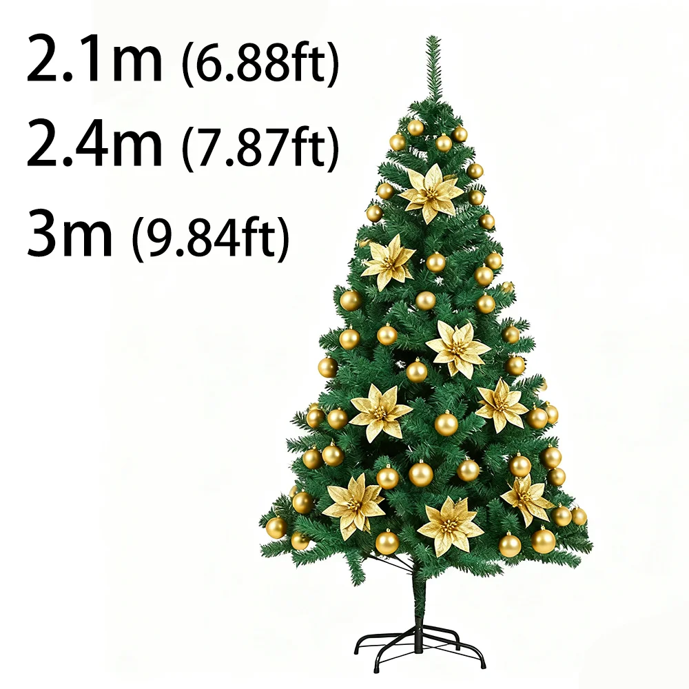 

2.1m/2.4m 3m Tall Christmas Tree 2025 2026 Green Home Decoration Pvc New Year Living Roomdecor Party Indoor Golden Ball Flower