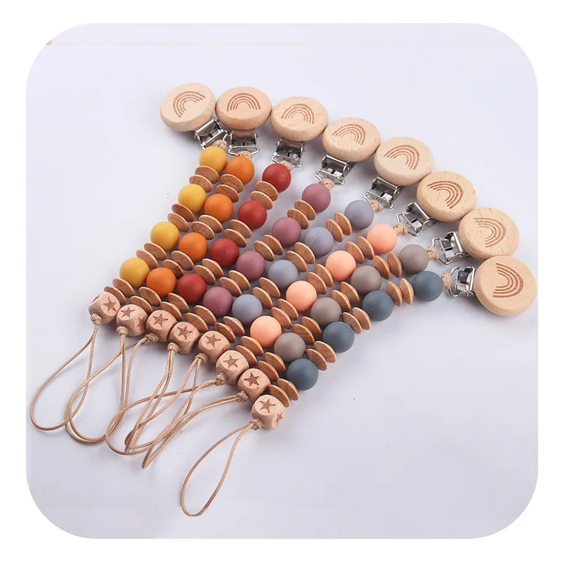 New Baby Beech Wood Pacifier Clip Anti Drop Gum Silicone Gum Nipple Chain Silicone Beads Accessoire Bebe Baby Accessories