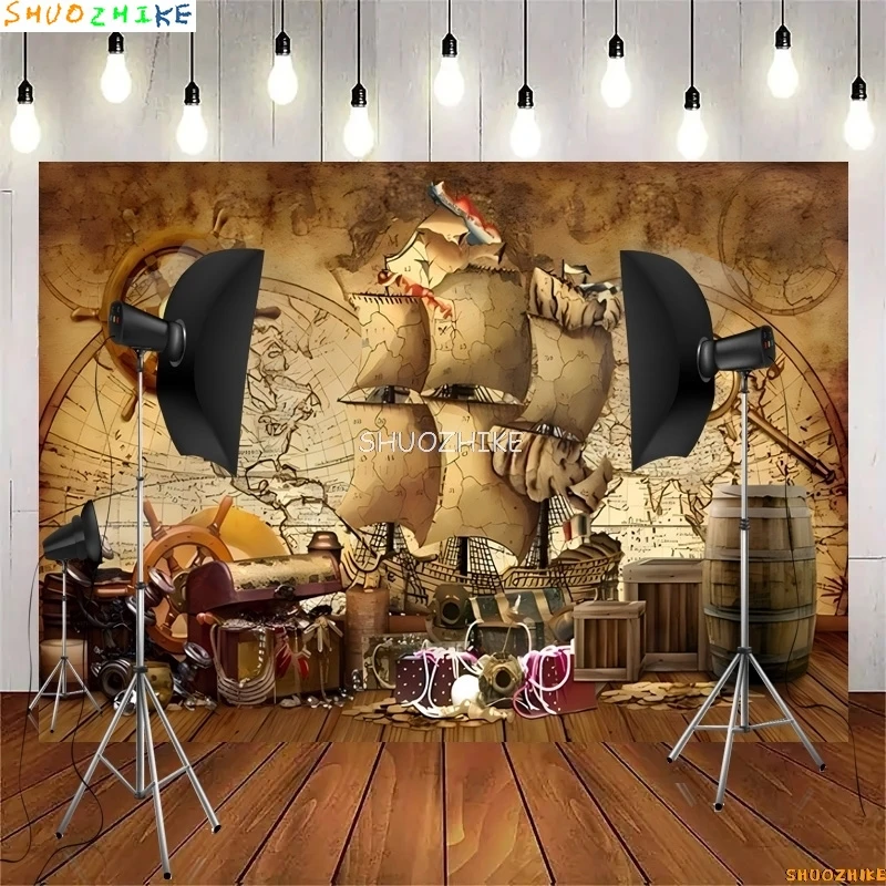 Retro Pirate Treasure Map Backdrop for Photography Nautical Island Background Birthday Party  Boys Portrait Photo Props HD-03
