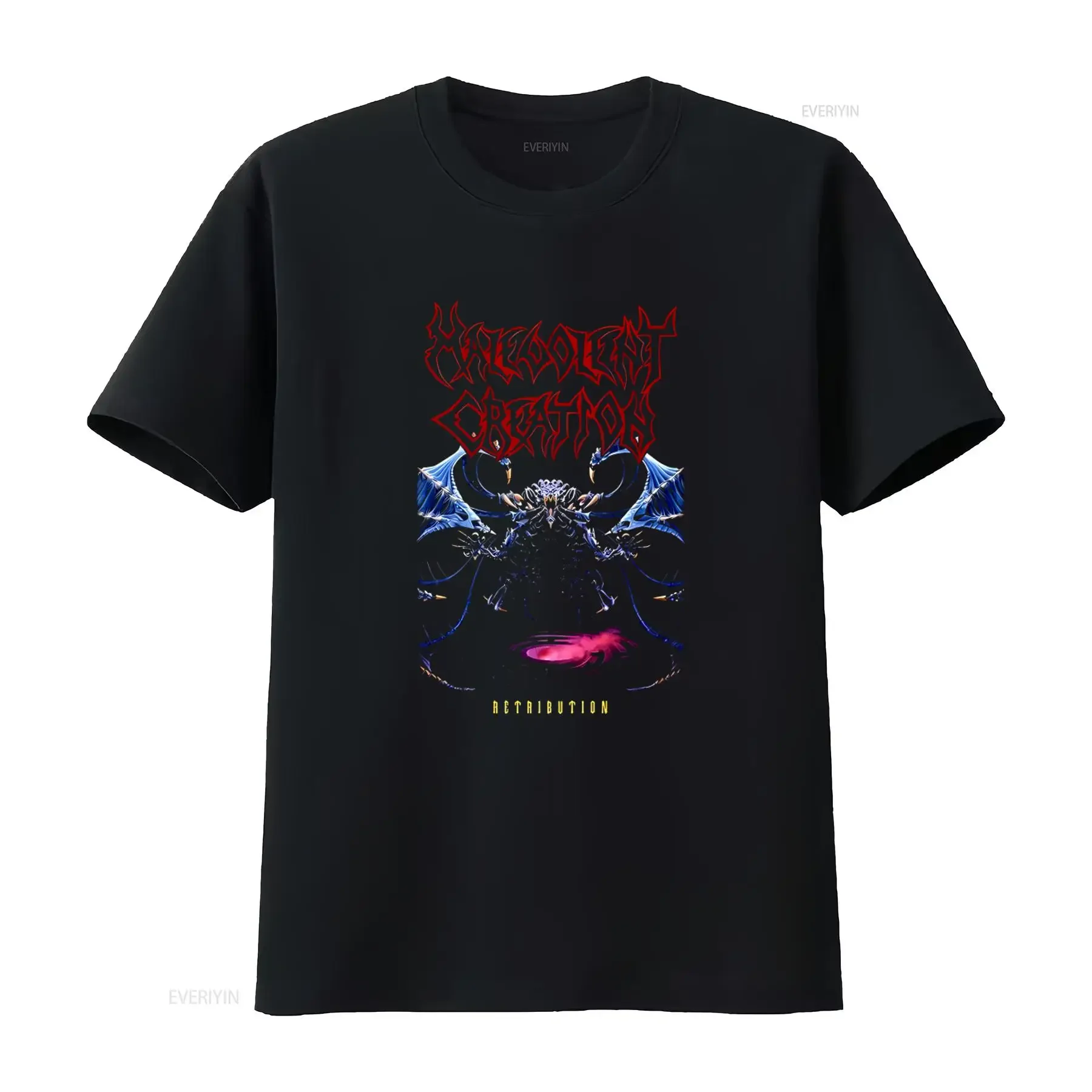 MALEVOLENT CREATION RETRIBUTION Camiseta negra con estampado frontal y trasero, talla XX grande, estilo vintage, lavada, transpirable, con gráfico streetwear