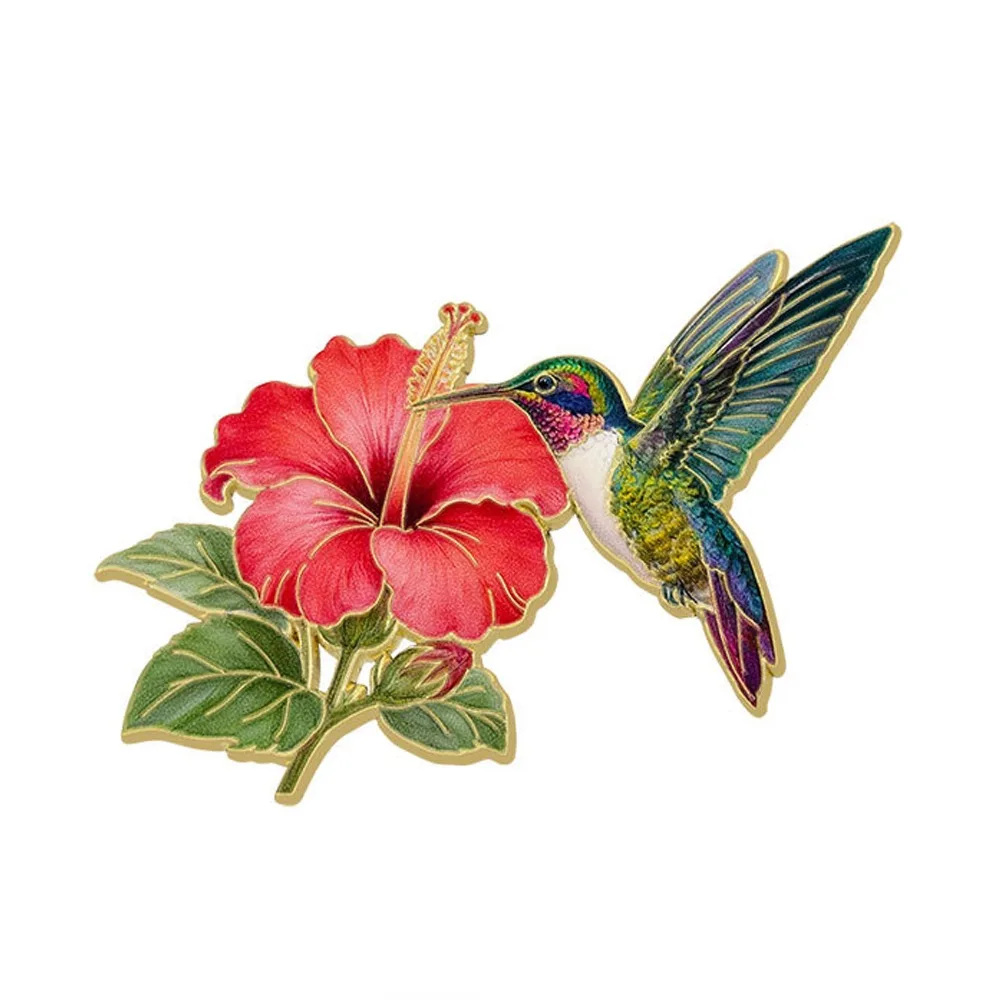 Zinc Alloy Hummingbird Flower Enamel Pin Chinese Style Colorful Animal Lapel Pins Gold Trim Delicate Luxury Bird Badges