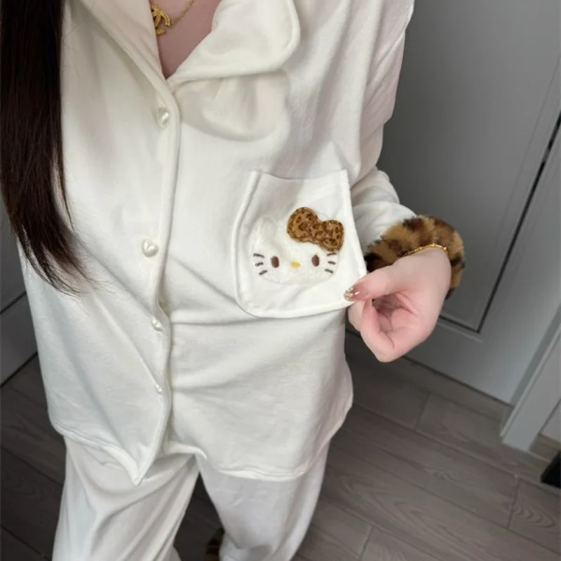 أطقم بيجامات نوم نسائية من سانريو هالو كيتي سراويل شتوية بأكمام طويلة كارتونية كاواي ملابس نوم دافئة ملابس منزلية