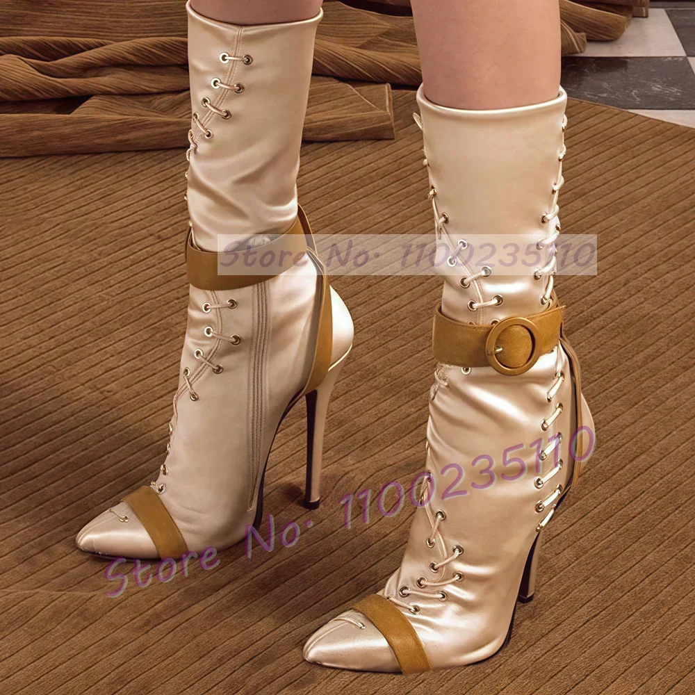 

Champagne Satin Mid Calf Boots Women Novelty Pointed Toe Brown Buckle Strap Slim Shoes Splicing Sewing High Heels Side Zip Boots