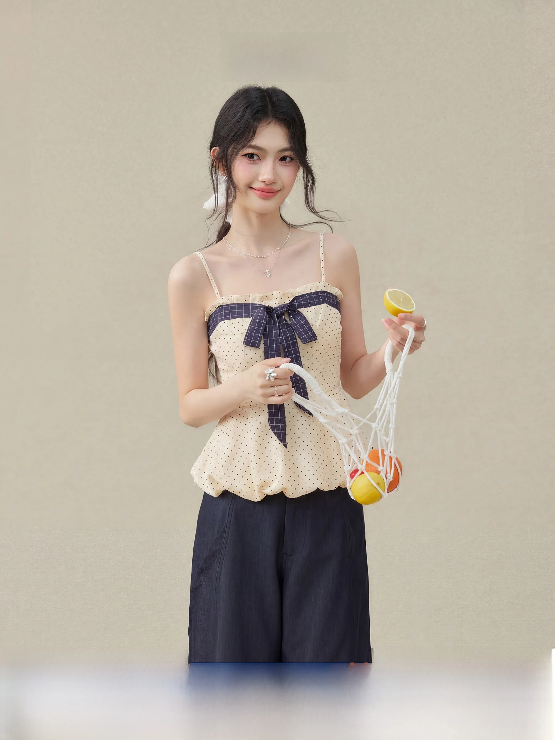 

Summer Polka Dot Knot Waist Cinching Women's Vest Vintage Playful Short Length Outerwear Fashion Element