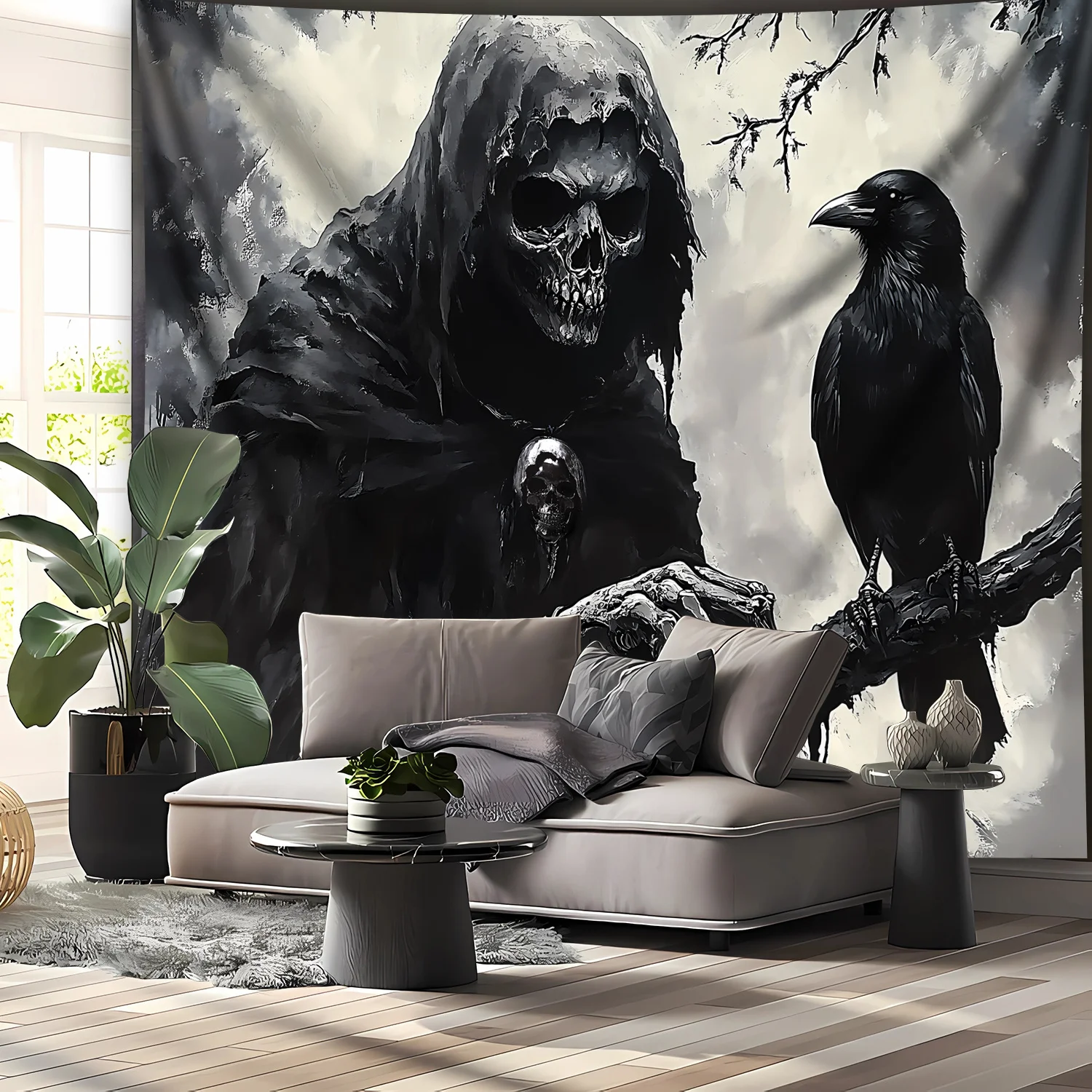 2D Flat   A Single Piece Of Oversized Dark Skull Crow Photo Digital Print Tapestry Made Of Polyester Aesthetic Printing