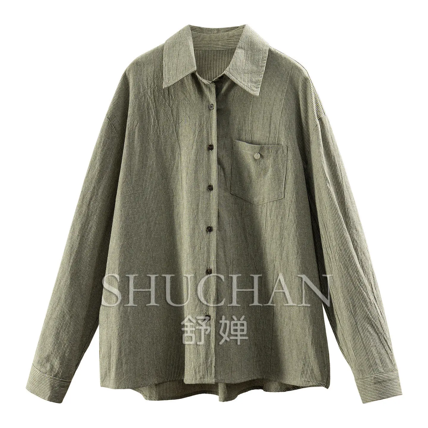 Retro High Intelligence, High Quality Linen + Cotton Yarn-dyed Striped Arc Pendulum Shirt Women's 76W0