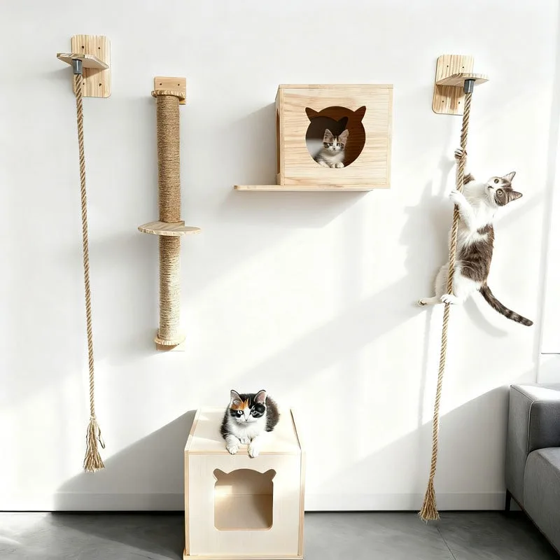 Poste rascador para gatos de madera Natural montado en la pared con cuerda de Sisal, estante de escalada para gatos, perfecto para escalar y moler las garras