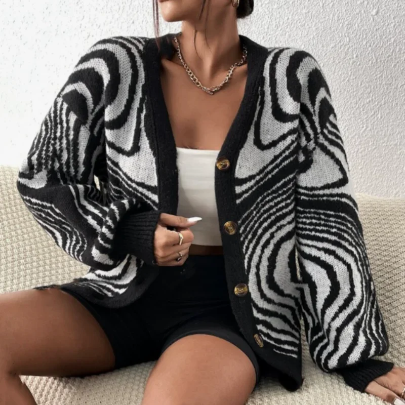 الخريف والشتاء زيبرا المشارب المألوف فضفاض الكتف قطرة شخصية سترة الخامس الرقبة أعلى الملابس النسائية