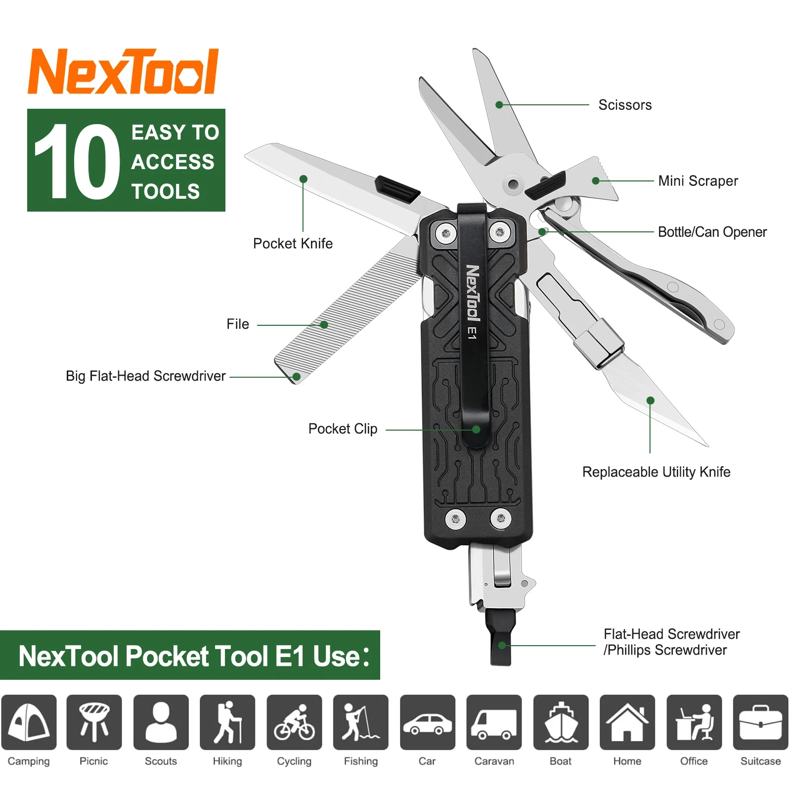 NexTool Pocket Multitool E1 10 In 1 EDC Folding Multi Functional Tools Screwdriver with Replaceable Carving Blade Hand Tools