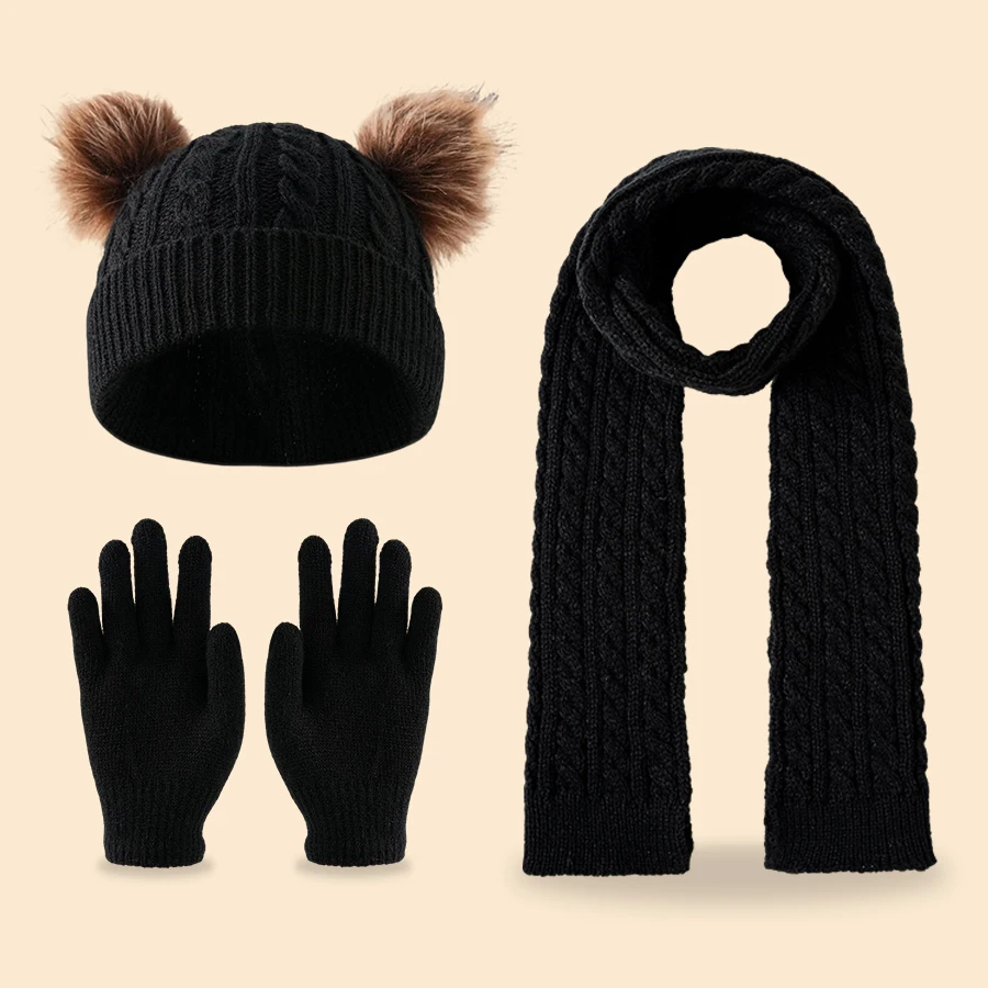 

3pc children's knitted hats, scarves and gloves, suitable for children aged 3 to 12 to wear outdoors for warmth in winter
