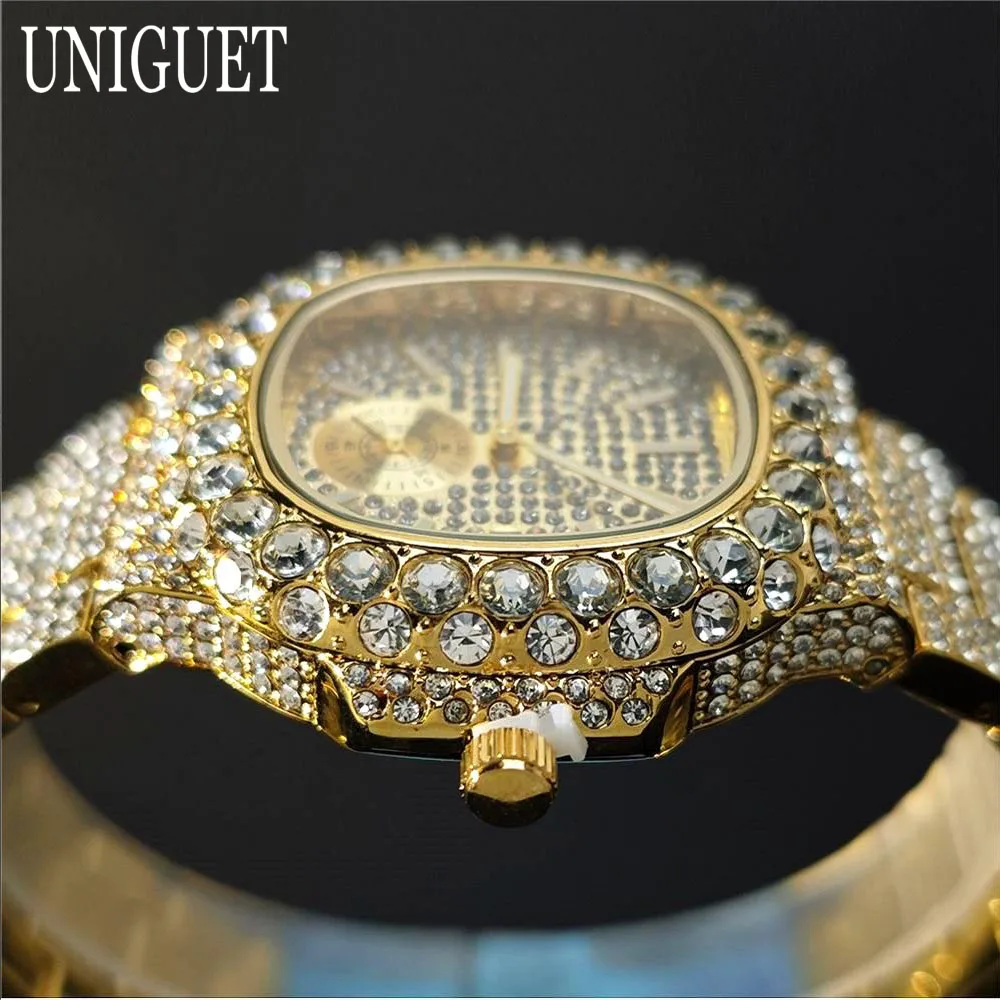 UNIGUET Lxuxry Iced Watch For Men Gold Stainless Steel Quartz Watches Fashion Hip Hop Full Diamonds Wristwatch Man Dropshipping