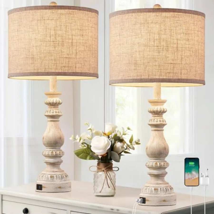 Farmhouse Bedside Lamps Set of 2 Bedroom Lamps for Nightstand with USB A+C Ports, 28" Rustic Vintage Table Lamps for Living Roo