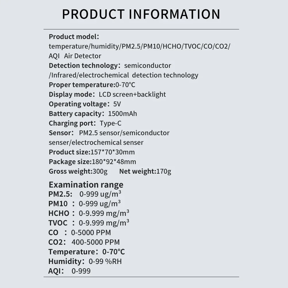 9 In 1 Temperature Humidity PM2.5 PM10 HCHO TVOC CO CO2 AQI Tester Multifunctional Air Quality Monitor LCD Color Display