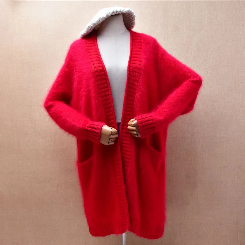 Women Mujer Autumn Winter Clothing Red Hairy Mink Cashmere Knitted Long Sleeves Loose Cardigans Mantle Angora Fur Sweater Jacket