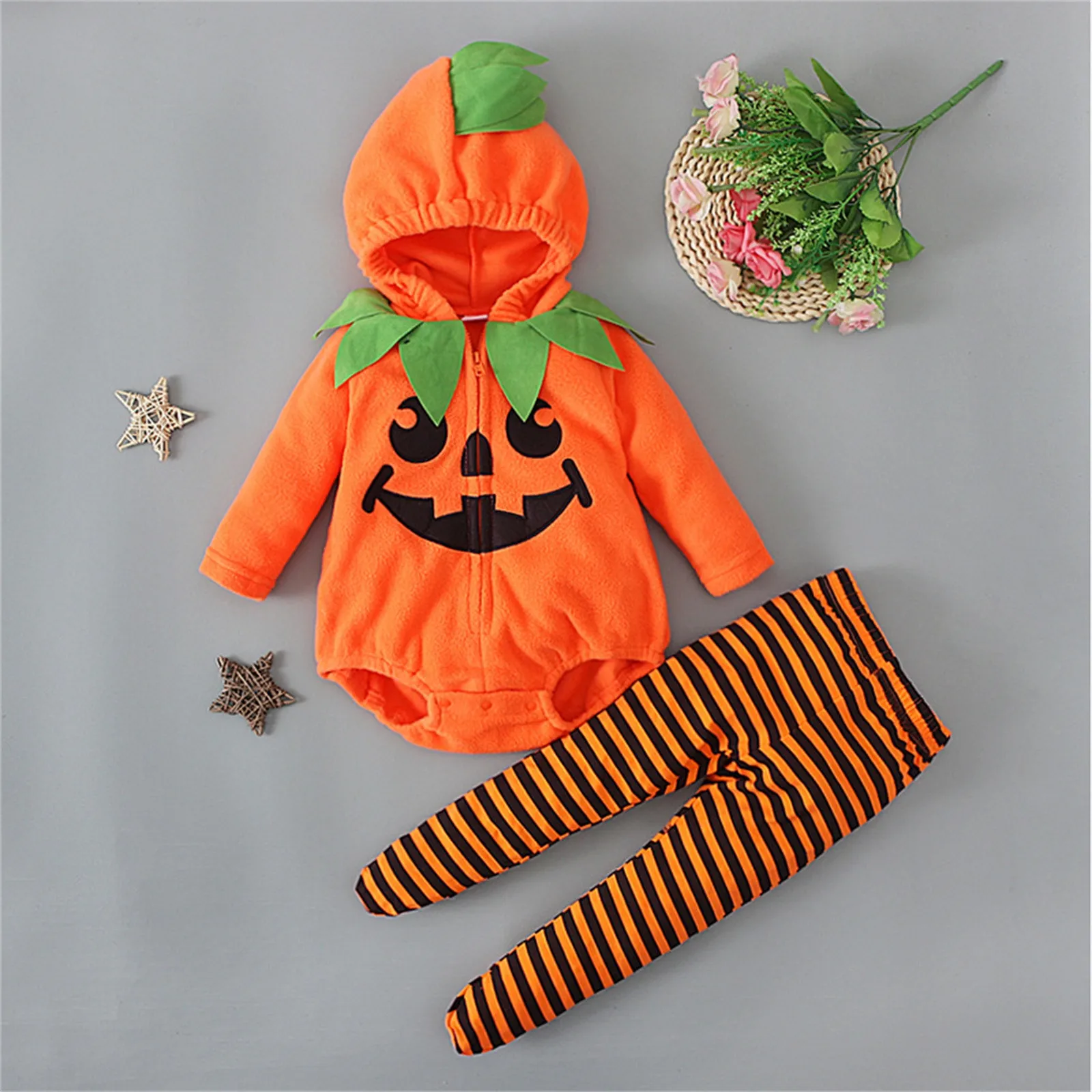 Baby Halloween Outfits Sets Orange Pumpkin Face Fleece Bodysuit and Stripes Leggings 2pcs My First Halloween Kids Hooded Costume