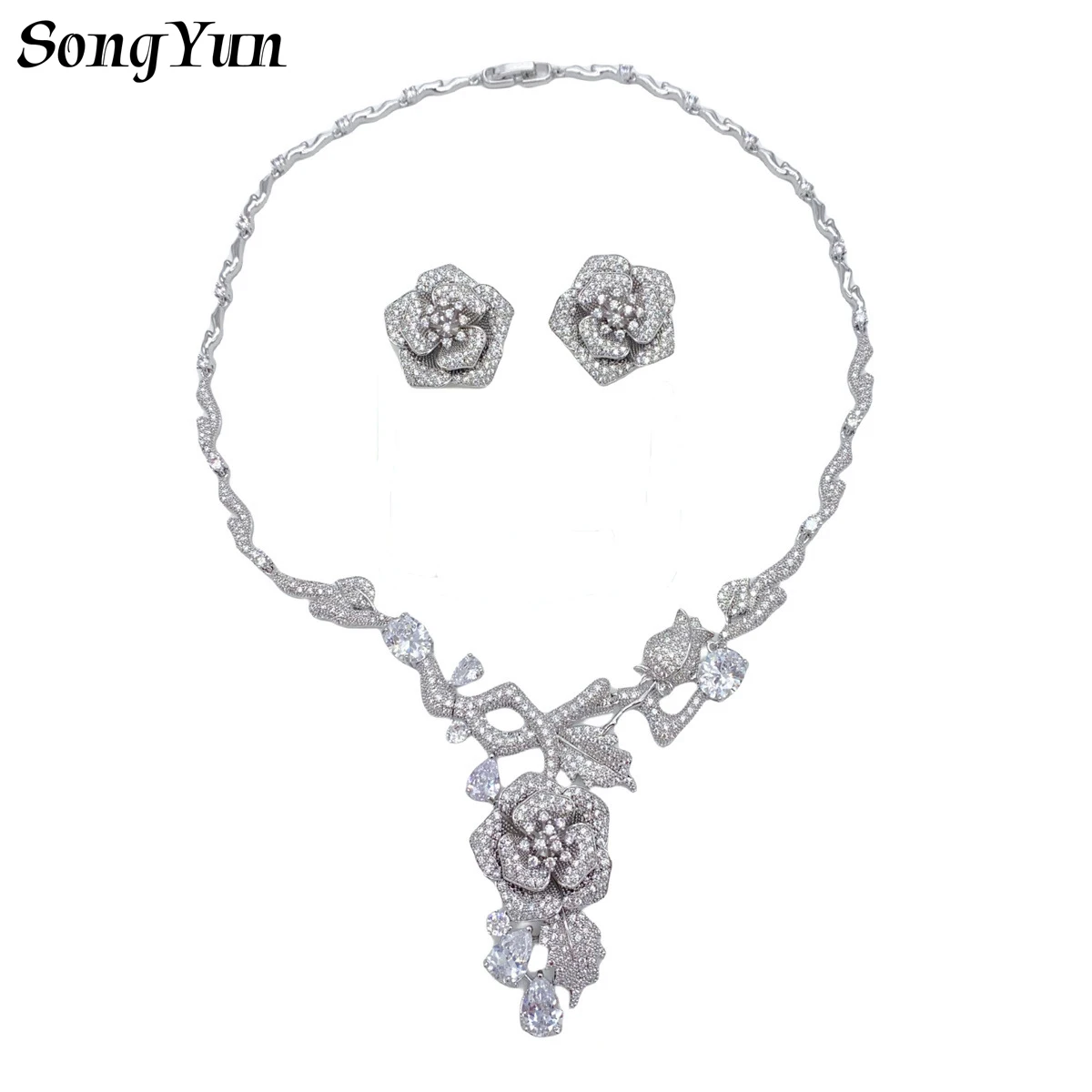 

Luxury Fashion Big 2pcs Flower Bridal Wedding Jewelry Set Sparking Cubic Zirconia Large Size Roses Charm Necklace Earrings Sets