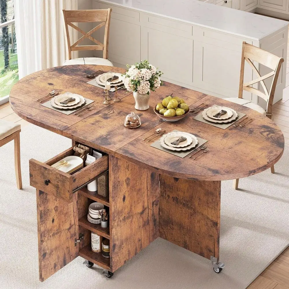 Round Folding Dining Table For 4, Space Saving Drop Leaf Kitchen Table With Storage Drawer, 6 Wheels Oval Gateleg Foldable Dini