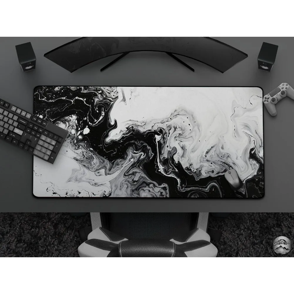 Cool Black & White Abstract Marble Mousepad, Modern Monochrome Ink Wave Desk Mat, Minimalist Design, Large Gaming Mat