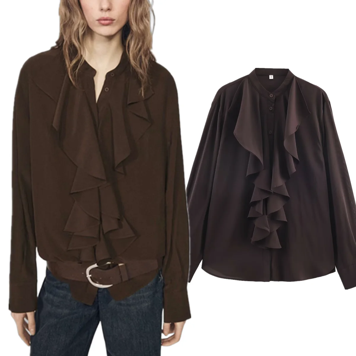 

Maxdutti, французская минималистичная шифоновая рубашка кофейного цвета с рюшами, весна-лето 2026, блузки с длинными рукавами, женская одежда, рубашки для