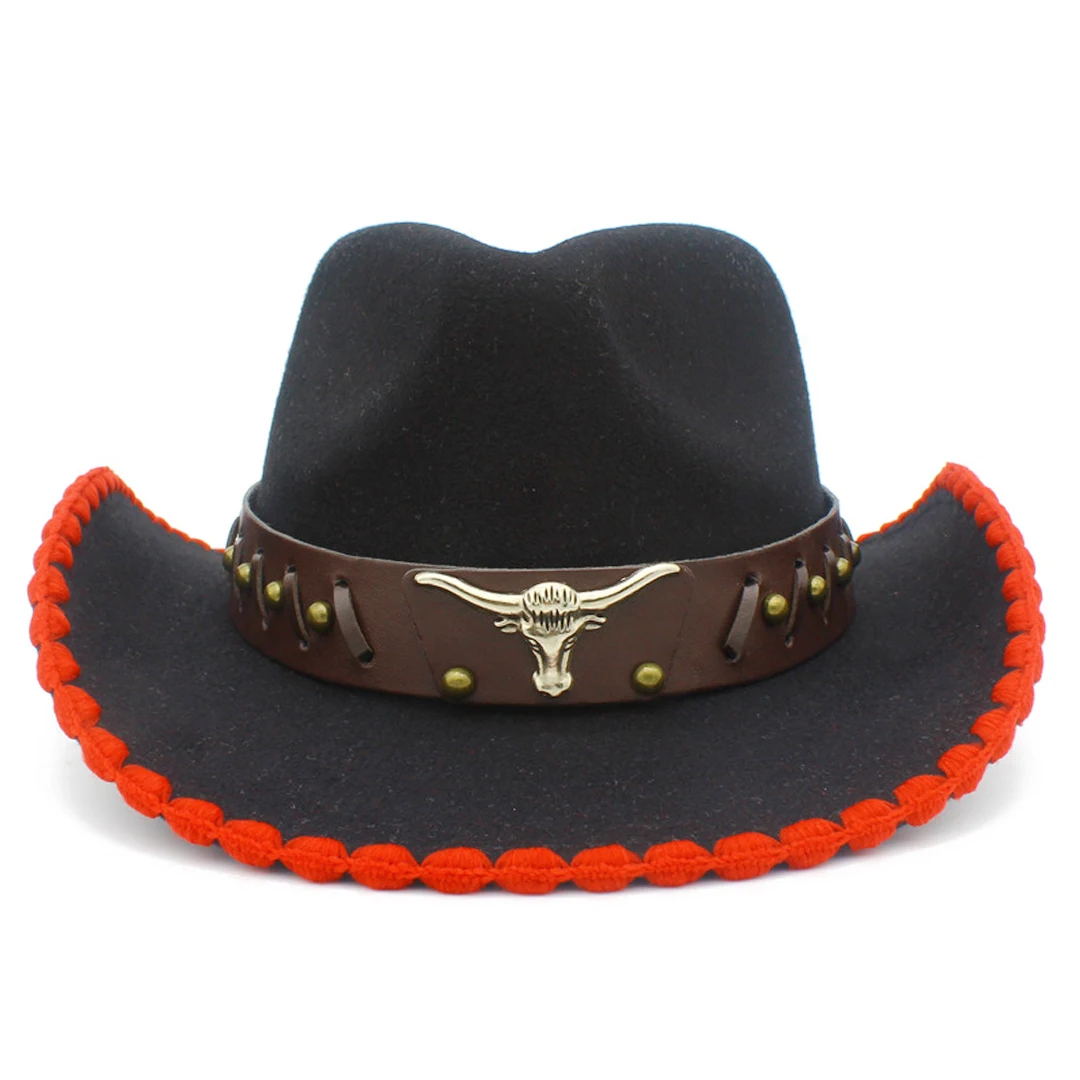 ورأى النساء الرجال قبعات رعاة البقر الغربية قبعة راعية البقر قبعة الكنيسة قبعات الفاتحة طريقة واسعة التطريز حافة مع حزام الجمجمة الثور #1
