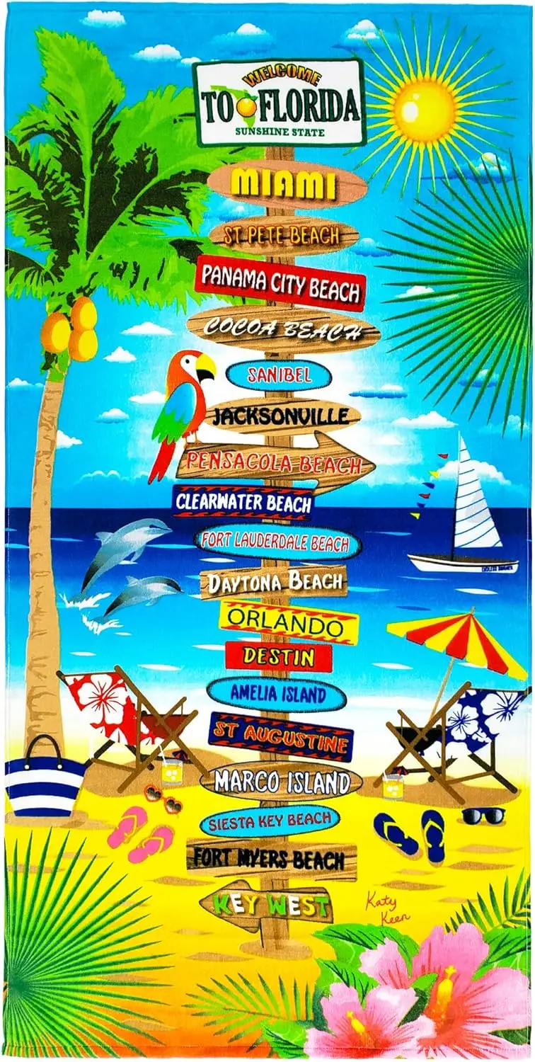 lorida Signs Beach Towel, Sunshine State Souvenir Cotton Absorbent Bath Towel for Swimming Pool and Travel Vacation