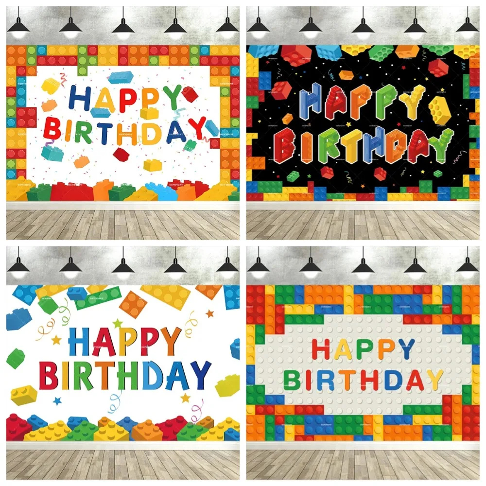 

Happy Children's Birthday Building Blocks Theme Banner Background, Colorful Cube Birthday Party Decoration Photography Backdrop