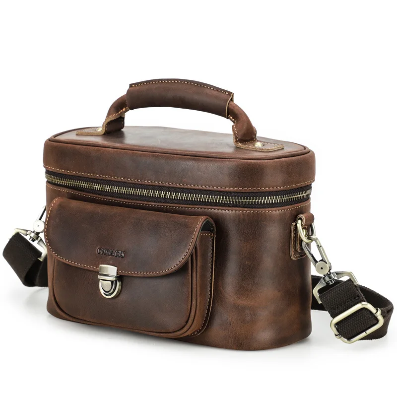 

Retro Crazy Horse Leather Handheld Camera Bag Multi Functional Travel Wash Bag Leather Storage Bag