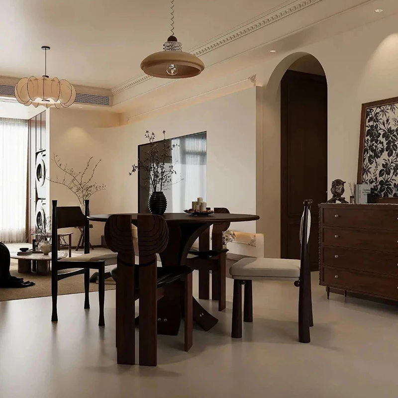 طاولة طعام خشبية على الطراز الكريمي العتيق، خزانة غرفة المعيشة، تصميم جرافيك مخصص للمنزل بأكمله لمشروع الشقة أو الفيلا