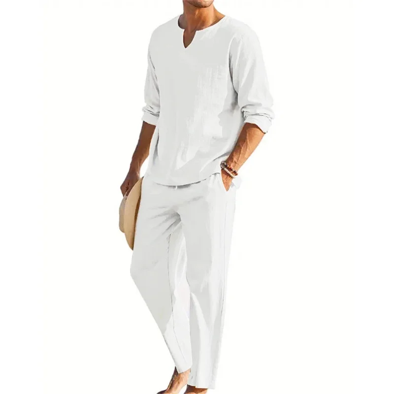 2024 2pcs Set Men's Shirt and Pants Suits for Men Small V-neck Beach Wear Tracksuit Solid Color Shirts Sweatpants Hawaiian Vacat