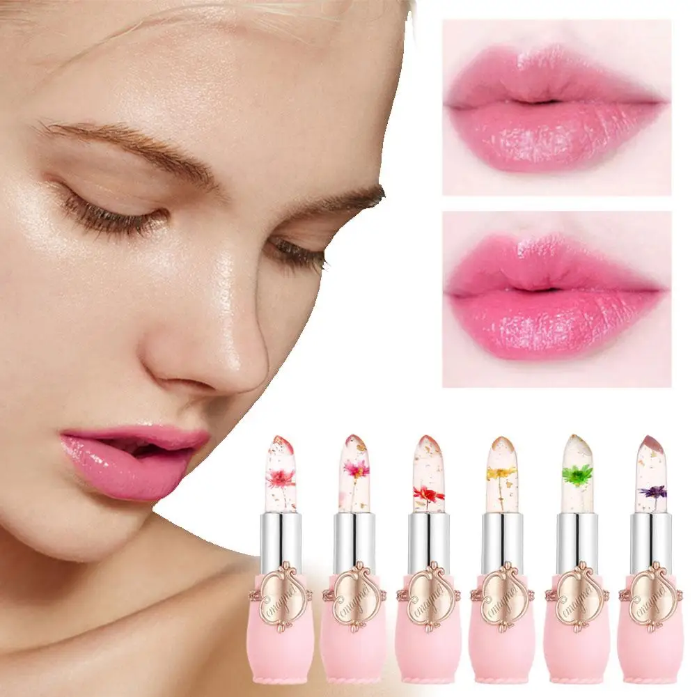 Bálsamo hidratante de larga duración para labios, lápiz labial transparente de gelatina de flores, resistente al agua, cambia de Color y de temperatura, L R5S1