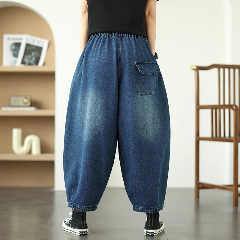 Pantaloni a lanterna a gamba larga in denim retrò Waed Donna Estate taglie forti Pantaloni con risvolto Harlan drappeggiati dimagranti allentati