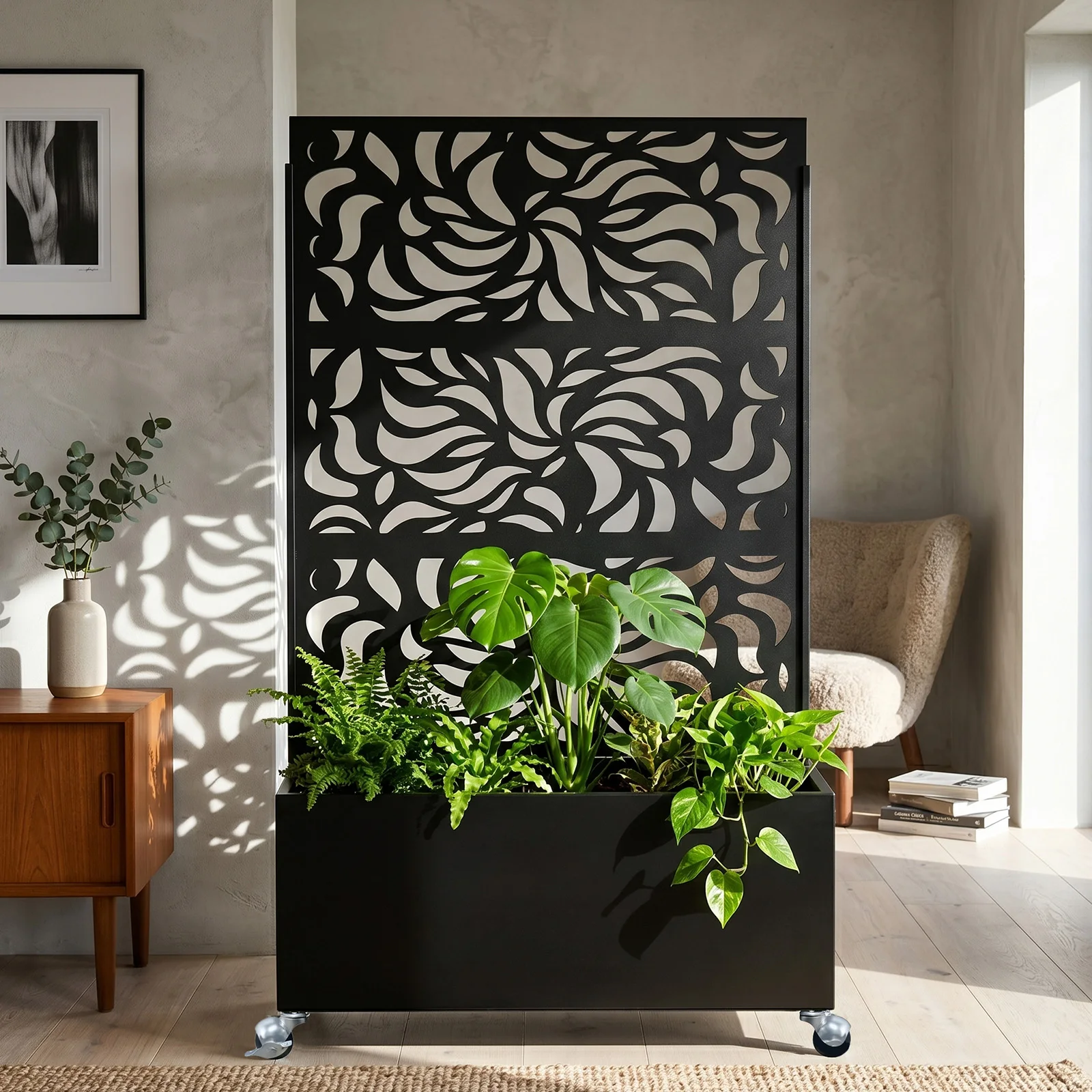 70.87" H × 46.06" W Leaf Pattern Privacy Screen with Planter Box, Black Metal Freestanding Decorative Fence Planter for Patio view 5
