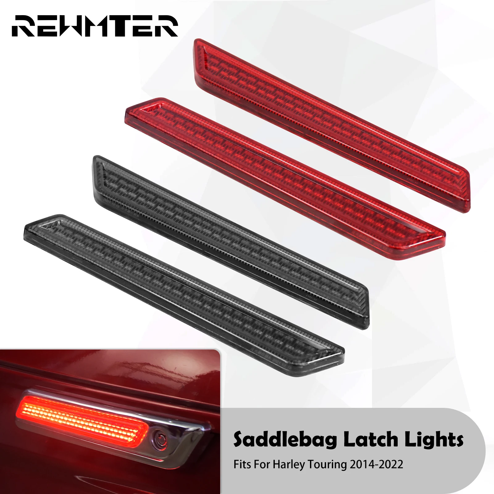 

Motorcycle Saddlebag LED Latch Lights Smoke/Red Lens For Harley Touring Electra Glide Street Glide Road King CVO Limited 2014-22