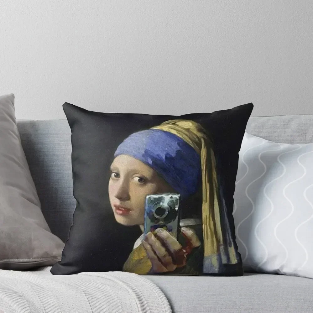 Girl with a Pearl Earring taking a Selfie - Funny Throw Pillow pillow cover luxury christmas pillow case New year