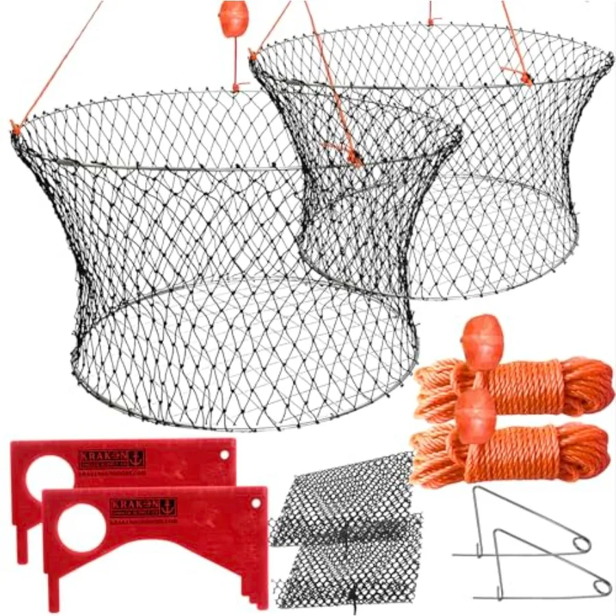 

Crab Trap Hoop Net 2 Ring Trap for Pier Dock Jetty Dungeness Rock Blue Crabs with Float Line Bait Clip and Bag 24" x 20" x 14